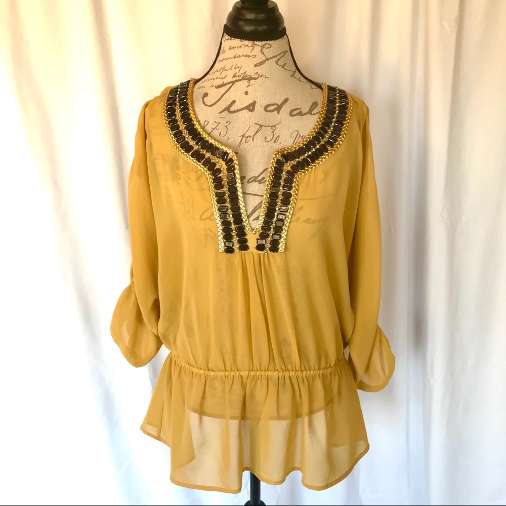 Adrienne Vittadini Sheer Gold Embellished Tunic